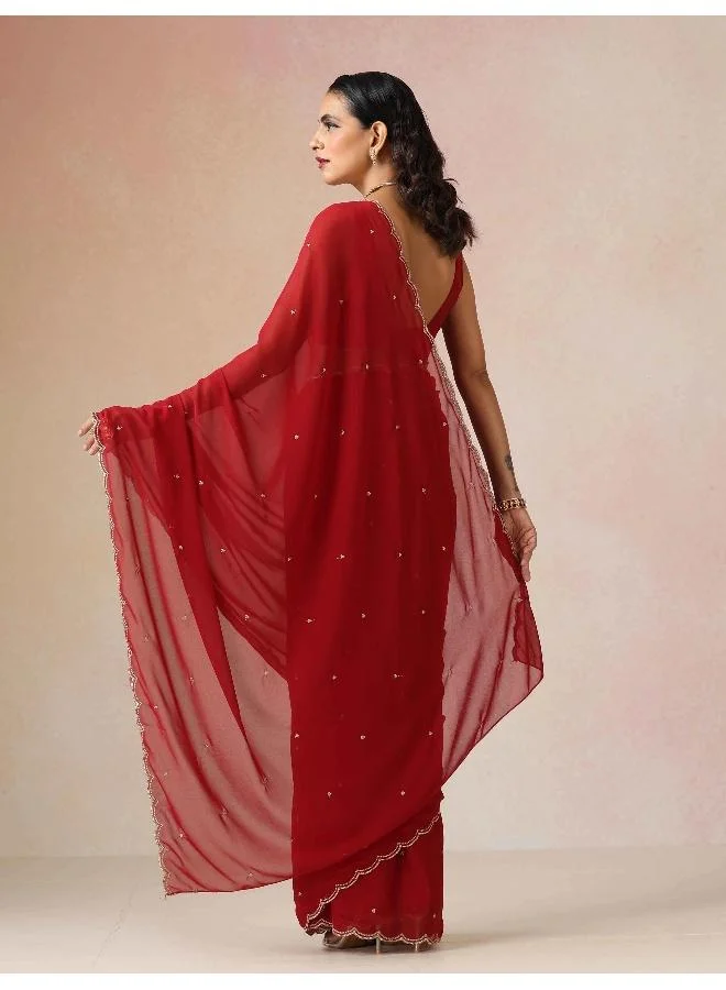 trueBrowns trueBrowns Maroon Georgette Embroidered Saree With unstitched Blouse