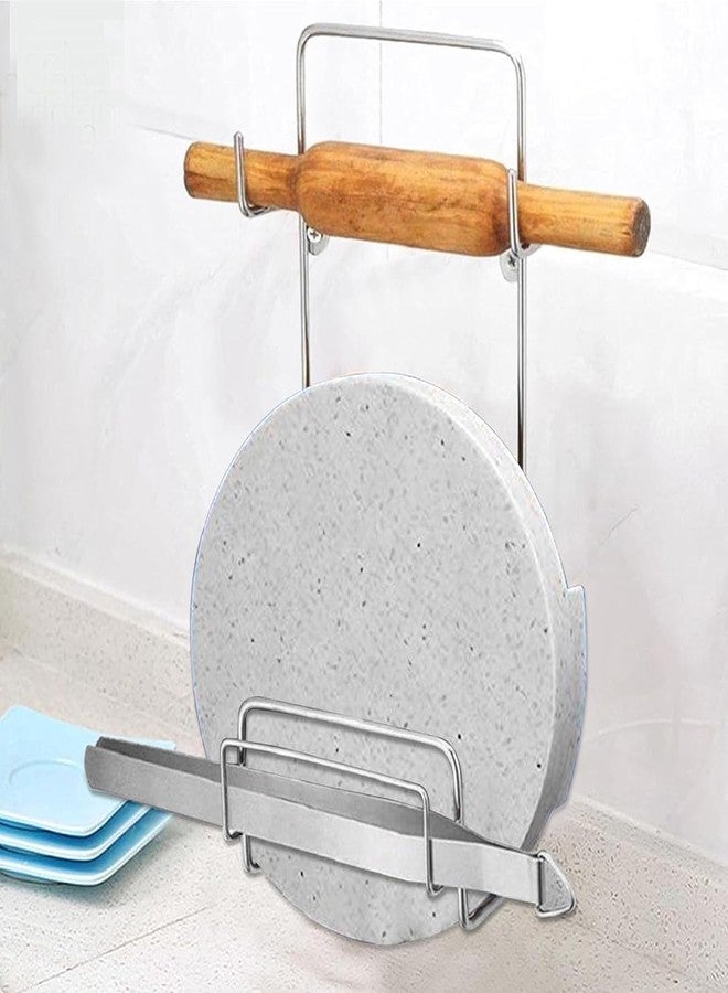 AADHIK Chakla Belan Stand and Tawa Stand for Kitchen, Premium Stainless Steel Stand, Rolling Pin Board Holder, Wall Mount Stand, 4 in1 Holder - Image 1