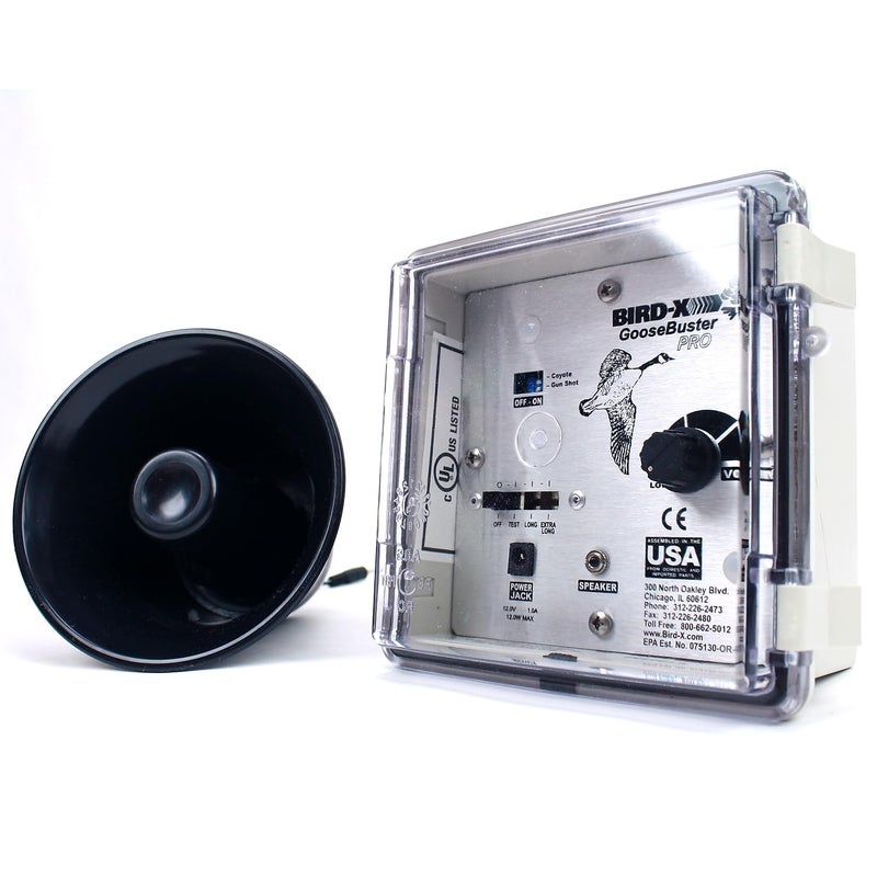 Bird-X جهاز Bird-X GooseBuster PRO، جهاز تقليد صوتي للإوز مع مكبر صوت، يستخدم أصوات مسجلة بشكل طبيعي، سهل التركيب، يغطي حتى 1.5 فدان، تردد 500–1500 هرتز - Image 1