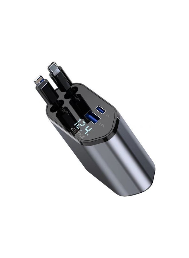 TIKNAL 120W Car Charger with USB, Type-C and Built-in Lightning Cable, Fast Charging with Digital Display and 180° Rotating Design - Image 2