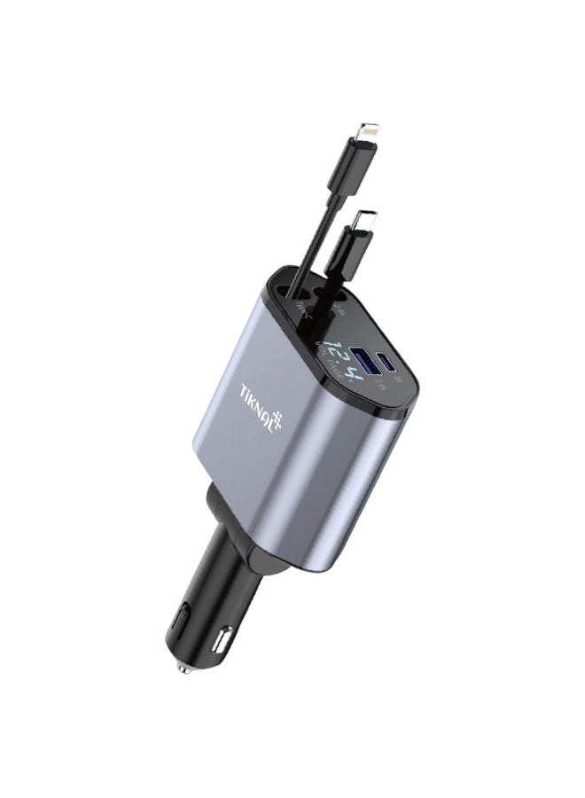 TIKNAL 120W Car Charger with USB, Type-C and Built-in Lightning Cable, Fast Charging with Digital Display and 180° Rotating Design - Image 1