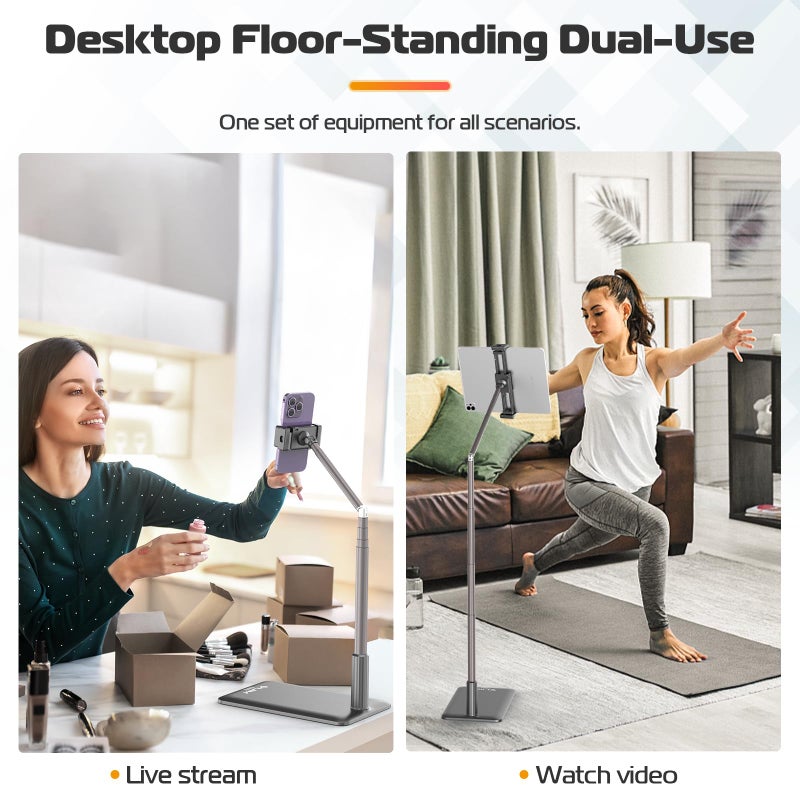 VIJIM Tablet Floor Stand Holder, Phone Stand for Recording, Adjustable Cell Phone & Tablet Holder for Floor, Compatible with iPad Pro Air Mini, Galaxy Tab, iPhone & 4.6-12.9 Inch Devices - Image 2