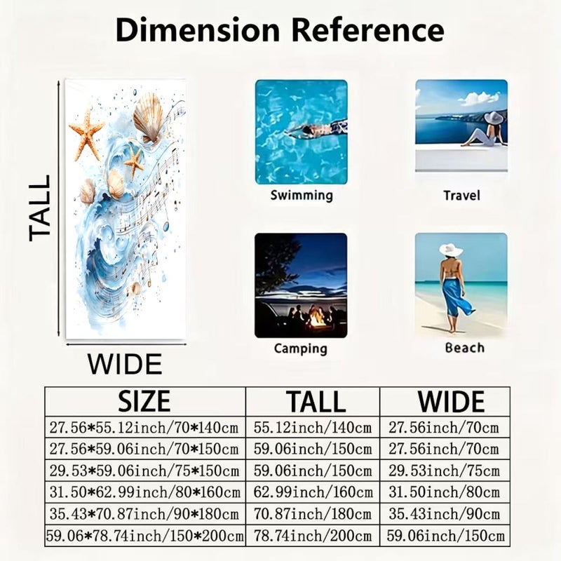 Unisex 80x160cm Soft Quick Dry Polyester Beach Towel With Ocean Wave Starfish Shells And Musical Notes Design Lightweight Portable For Swimming Surfing Travel Camping - Image 3