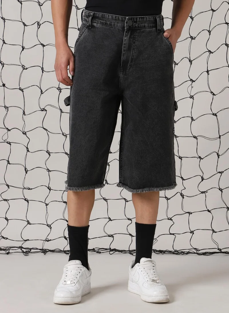 Hubberholme Men's Black 100% Cotton Distressed Cropped Loose Fit Shorts