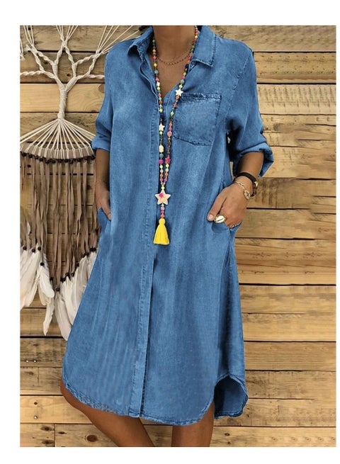 فستان جينز بسيط بلون سادة