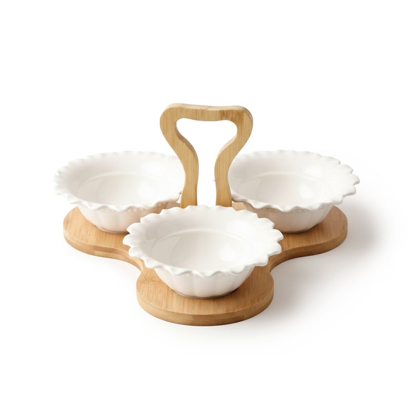 Shallow 3PCS Porcelain Serving Bowls with Bamboo Stand  15cm White New Bone China Snack & Condiment Set for Daily Use, Ramadan Iftar, Eid, Diwali, Parties & Elegant Hosting - Image 4