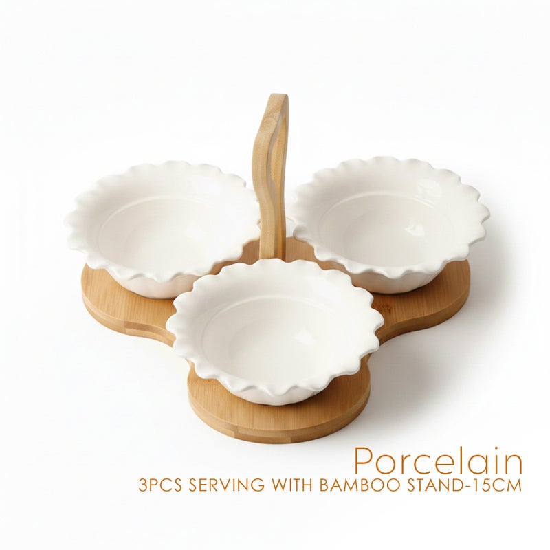 Shallow 3PCS Porcelain Serving Bowls with Bamboo Stand  15cm White New Bone China Snack & Condiment Set for Daily Use, Ramadan Iftar, Eid, Diwali, Parties & Elegant Hosting - Image 5