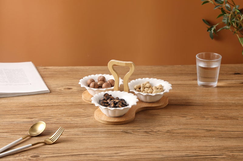 Shallow 3PCS Porcelain Serving Bowls with Bamboo Stand  15cm White New Bone China Snack & Condiment Set for Daily Use, Ramadan Iftar, Eid, Diwali, Parties & Elegant Hosting - Image 3