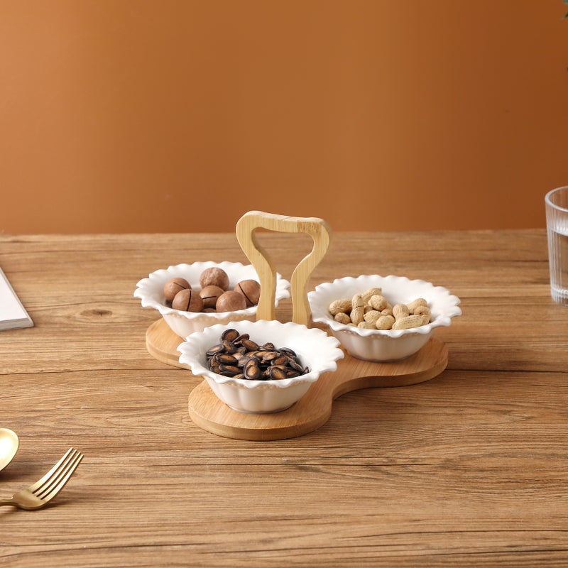 Shallow 3PCS Porcelain Serving Bowls with Bamboo Stand  15cm White New Bone China Snack & Condiment Set for Daily Use, Ramadan Iftar, Eid, Diwali, Parties & Elegant Hosting - Image 2