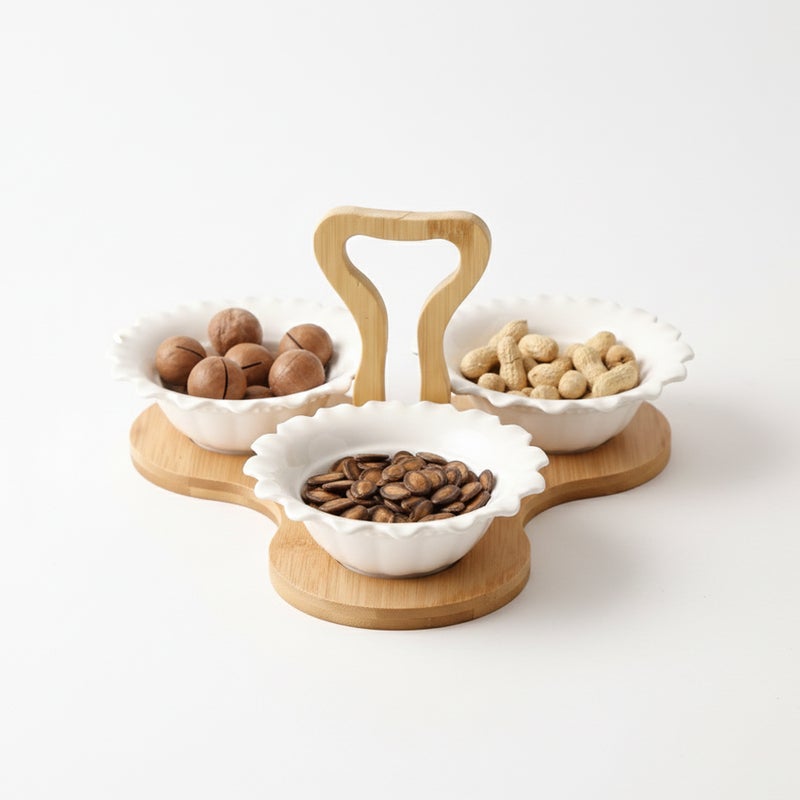 Shallow 3PCS Porcelain Serving Bowls with Bamboo Stand  15cm White New Bone China Snack & Condiment Set for Daily Use, Ramadan Iftar, Eid, Diwali, Parties & Elegant Hosting - Image 1