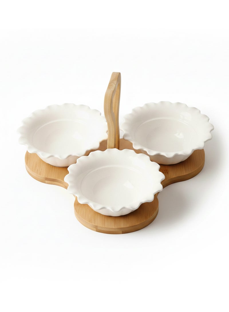 Shallow 3PCS Porcelain Serving Bowls with Bamboo Stand – 15cm White New Bone China Snack & Condiment Set for Daily Use, Ramadan Iftar, Eid, Diwali, Parties & Elegant Hosting - Image 4