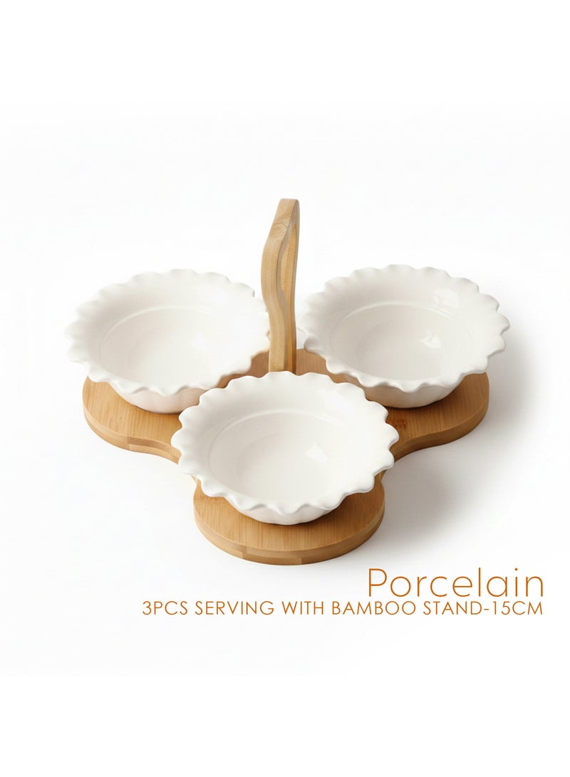 Shallow 3PCS Porcelain Serving Bowls with Bamboo Stand – 15cm White New Bone China Snack & Condiment Set for Daily Use, Ramadan Iftar, Eid, Diwali, Parties & Elegant Hosting - Image 3