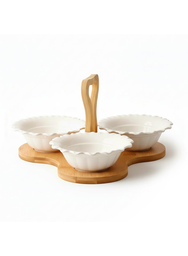 Shallow 3PCS Porcelain Serving Bowls with Bamboo Stand – 15cm White New Bone China Snack & Condiment Set for Daily Use, Ramadan Iftar, Eid, Diwali, Parties & Elegant Hosting - Image 2
