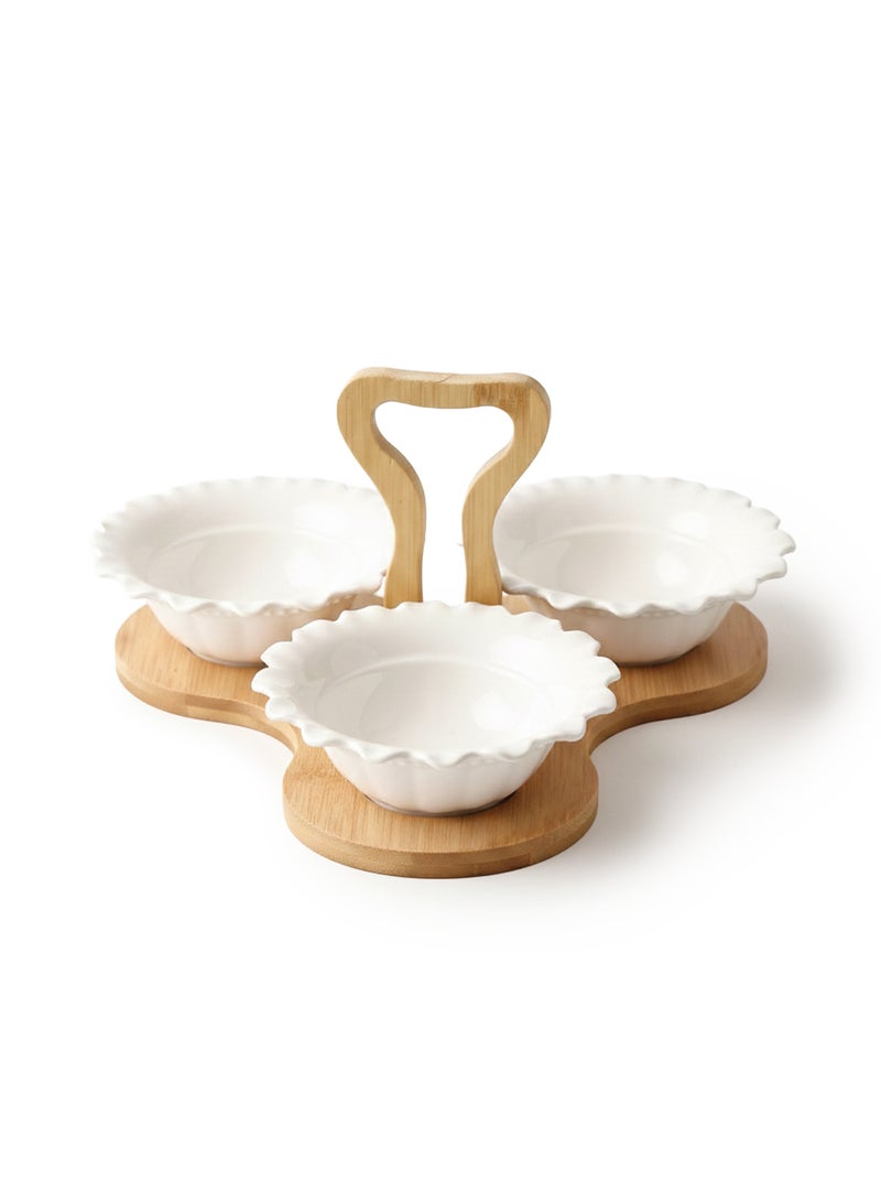 Shallow 3PCS Porcelain Serving Bowls with Bamboo Stand – 15cm White New Bone China Snack & Condiment Set for Daily Use, Ramadan Iftar, Eid, Diwali, Parties & Elegant Hosting - Image 1