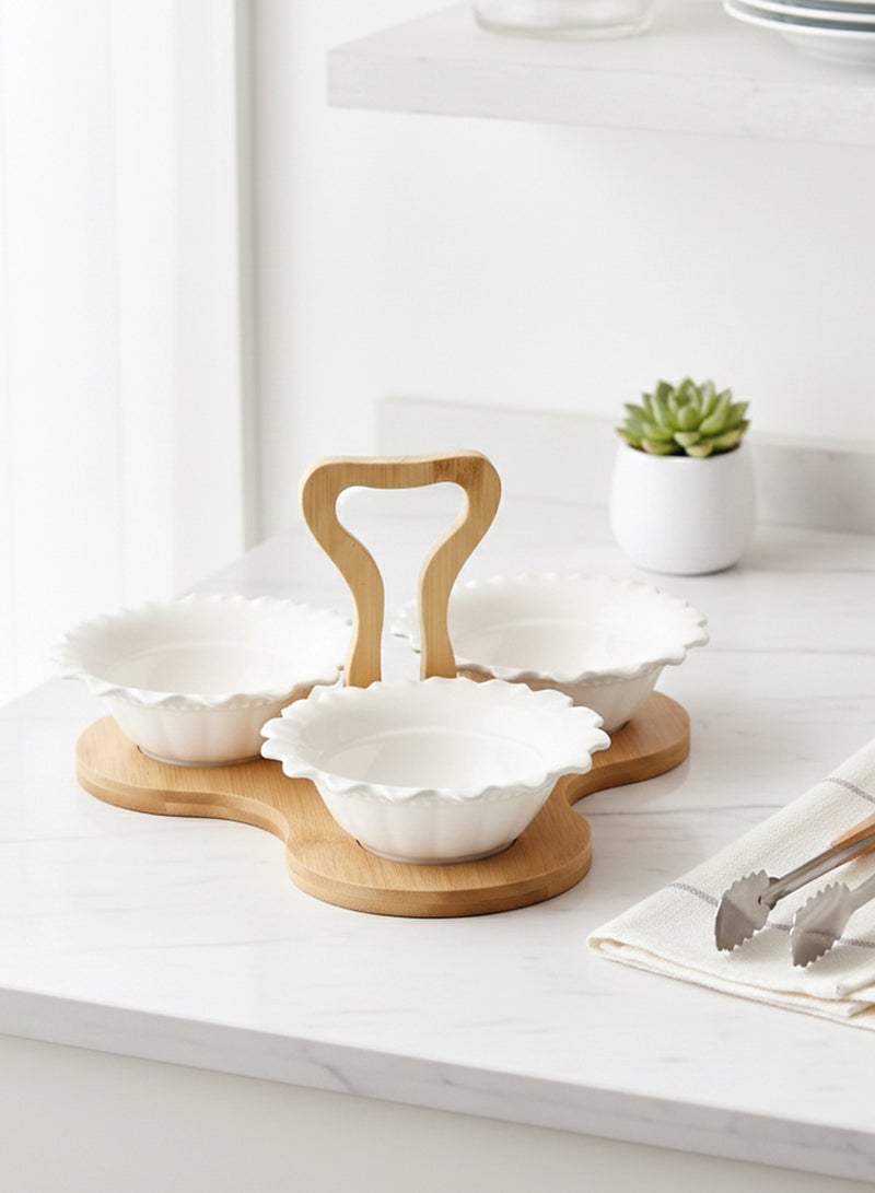 Shallow 3PCS Porcelain Serving Bowls with Bamboo Stand – 15cm White New Bone China Snack & Condiment Set for Daily Use, Ramadan Iftar, Eid, Diwali, Parties & Elegant Hosting - Image 5