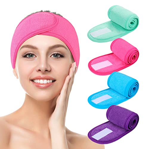 TDHDIKE Facial Spa Headbands 4pcs, Makeup Shower Bath Wrap Sport Headband Terry Cloth Stretch Towel with Magic Tape (Blue, Mint Green, Purple, Rose) - Image 1