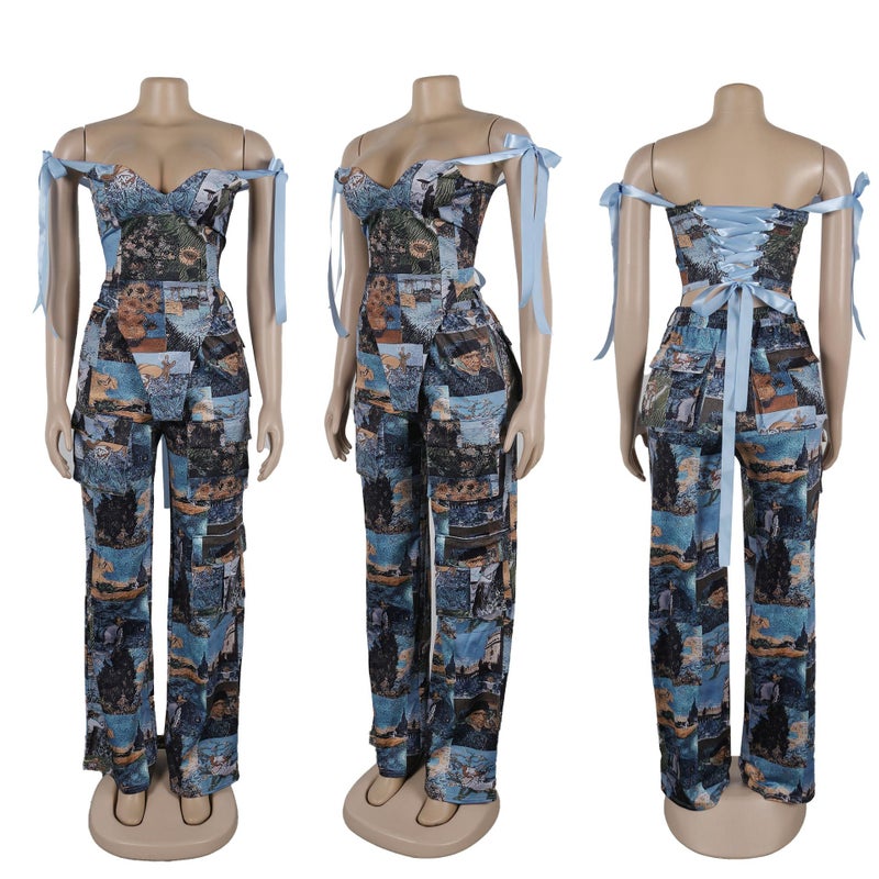 Molilove Sexy 2 Piece Sets for Women Pattern Print Sleeveless Crop Top and Wide Leg Pants with Pockets Soft Stretchy Outfits - Image 5