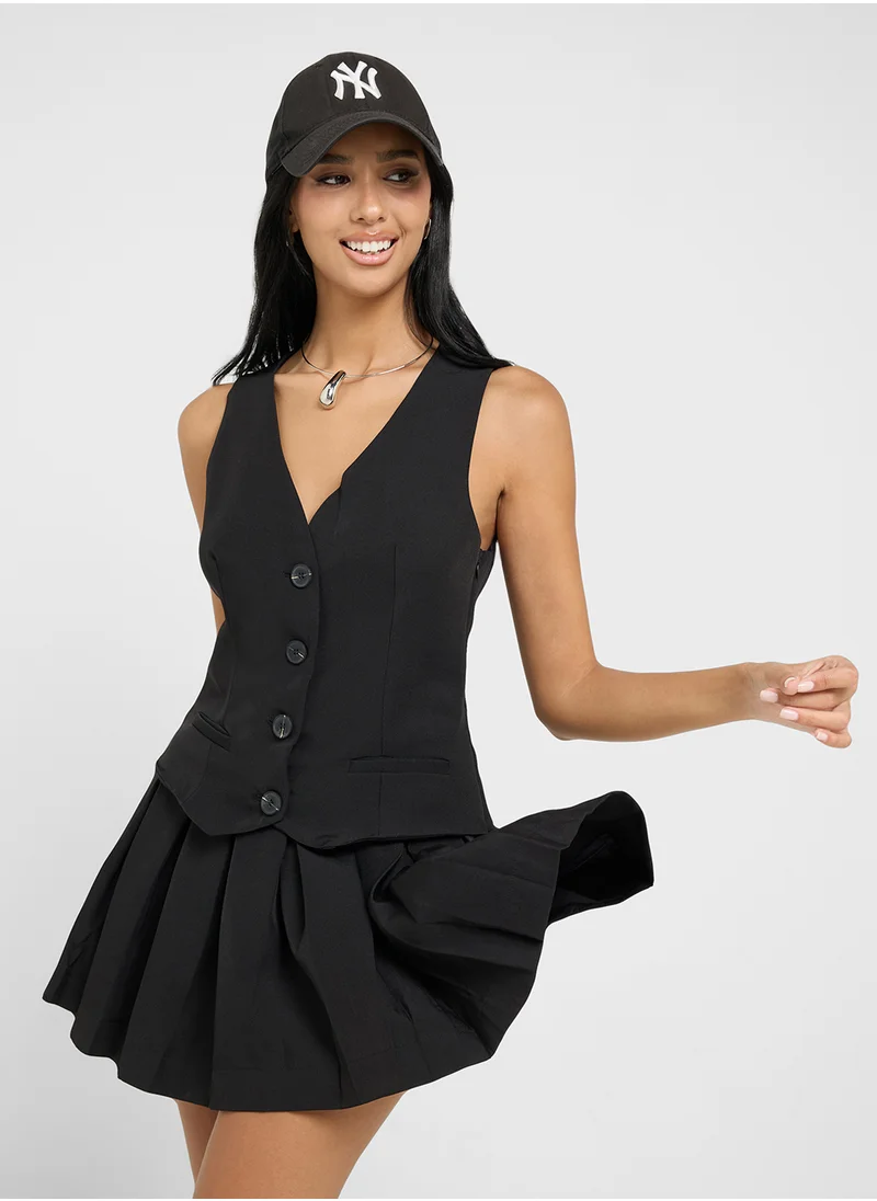 Ginger Button Up Vest & Pleated Skirt Coord Set