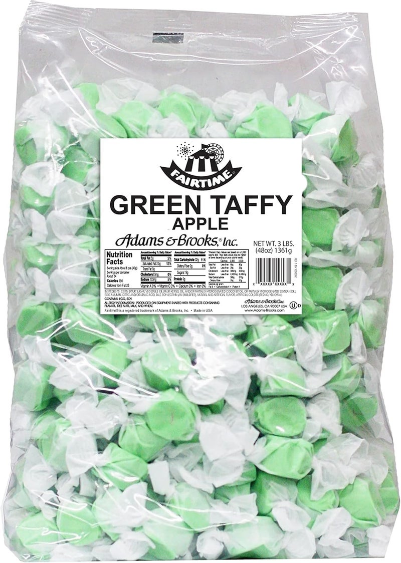 Fairtime Green Apple Taffy - Bulk Candy for Buffets, 3 Pounds of Individually Wrapped Kosher Taffy