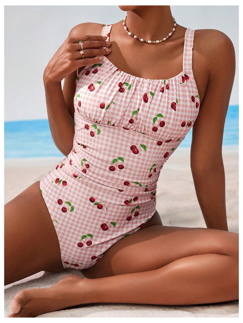 BEAUDRM Women's Boho Floral Print One Piece Swimsuit Y2K Bathing Suits Swimwear Beachwear Pink Cherry Medium - Image 5