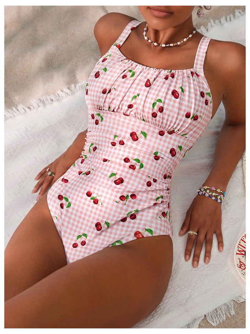 BEAUDRM Women's Boho Floral Print One Piece Swimsuit Y2K Bathing Suits Swimwear Beachwear Pink Cherry Medium - Image 3
