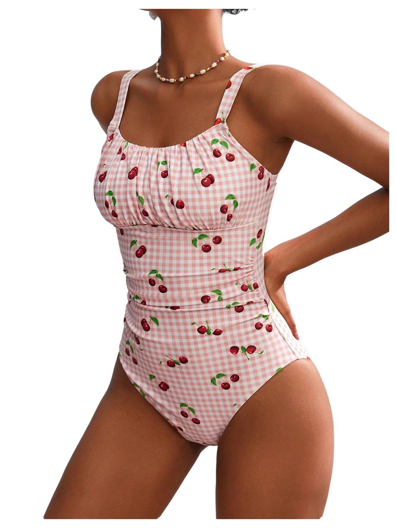 BEAUDRM Women's Boho Floral Print One Piece Swimsuit Y2K Bathing Suits Swimwear Beachwear Pink Cherry Medium - Image 1