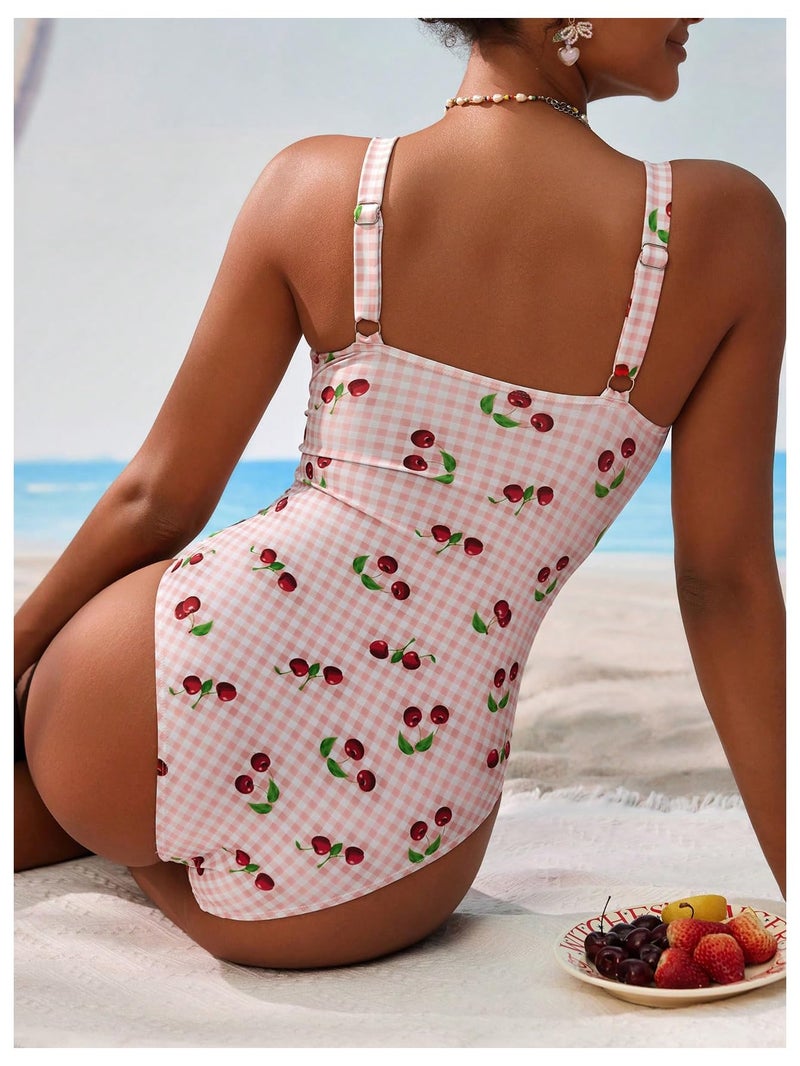 BEAUDRM Women's Boho Floral Print One Piece Swimsuit Y2K Bathing Suits Swimwear Beachwear Pink Cherry Medium - Image 2