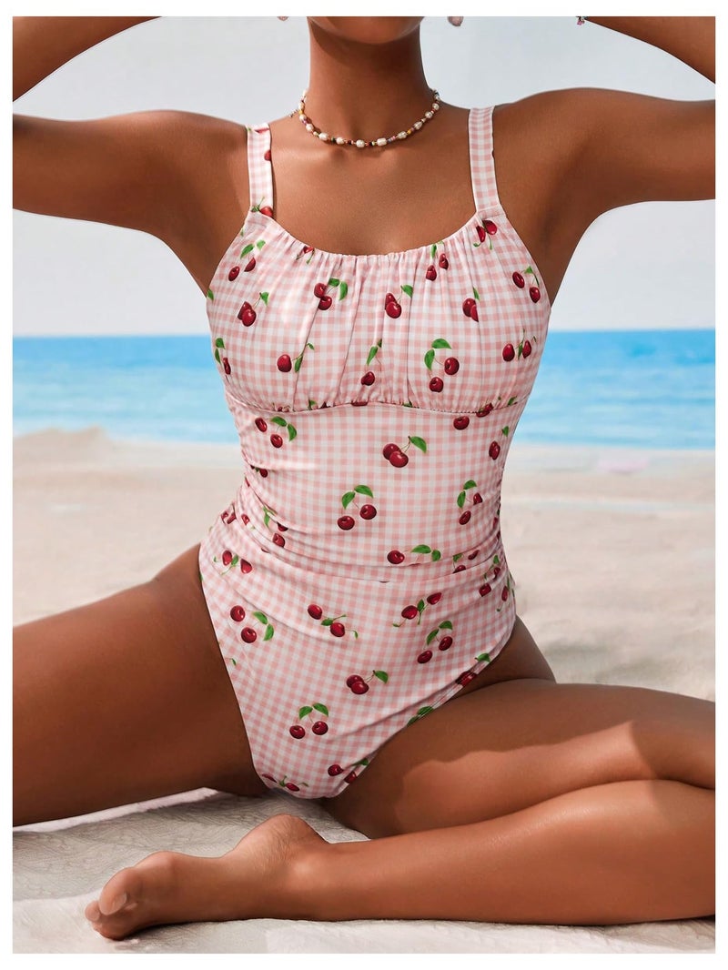 BEAUDRM Women's Boho Floral Print One Piece Swimsuit Y2K Bathing Suits Swimwear Beachwear Pink Cherry Medium - Image 4