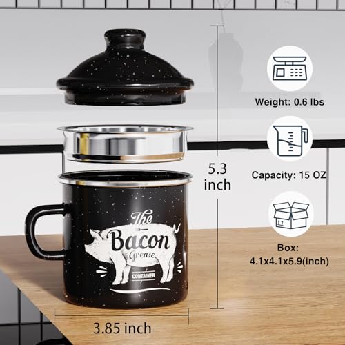 PGYARD Mini Bacon Grease Container With Strainer - 15OZ Enamel Grease Saver, Farmhouse Bacon Grease Keeper For Kitchen Fat Storage, Dishwasher Safe-Black - Image 2