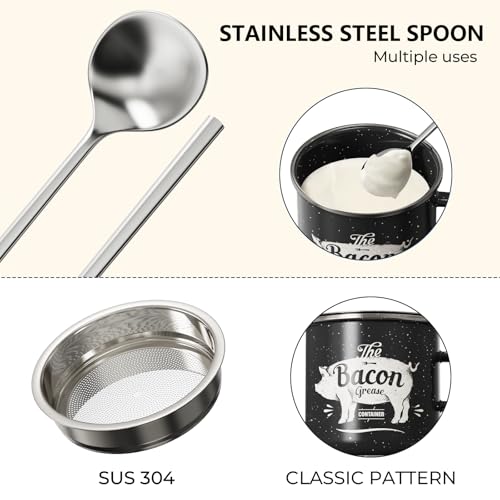 PGYARD Mini Bacon Grease Container With Strainer - 15OZ Enamel Grease Saver, Farmhouse Bacon Grease Keeper For Kitchen Fat Storage, Dishwasher Safe-Black - Image 5