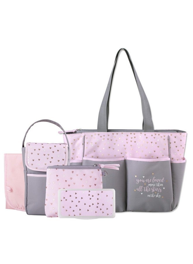 Baby Essentials Diaper Bag Tote 5 Piece Set With Sun Moon And Stars Wipes Pocket Dirty Diaper Pouch Changing Pad (Greypink) - Image 1