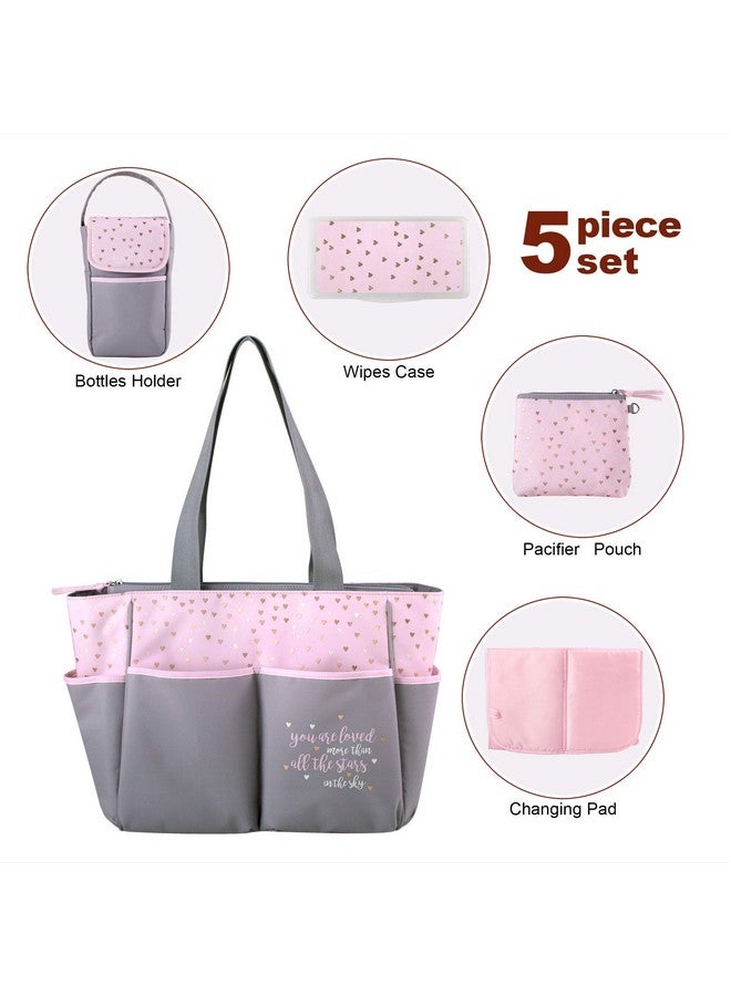 Baby Essentials Diaper Bag Tote 5 Piece Set With Sun Moon And Stars Wipes Pocket Dirty Diaper Pouch Changing Pad (Greypink) - Image 5