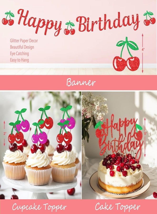 Hombae Cherry Birthday Decorations - Baby Girl 115 PCs Cherry Themed Birthday Party Supplies with Backdrop, Balloon Garland Arch Kit, Cake Topper, Pink Tablecloth - Image 4