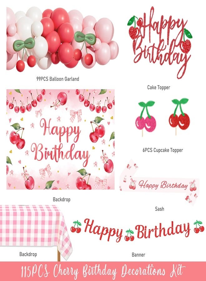 Hombae Cherry Birthday Decorations - Baby Girl 115 PCs Cherry Themed Birthday Party Supplies with Backdrop, Balloon Garland Arch Kit, Cake Topper, Pink Tablecloth - Image 2