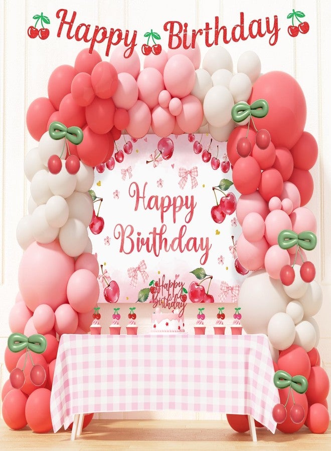 Hombae Cherry Birthday Decorations - Baby Girl 115 PCs Cherry Themed Birthday Party Supplies with Backdrop, Balloon Garland Arch Kit, Cake Topper, Pink Tablecloth - Image 1