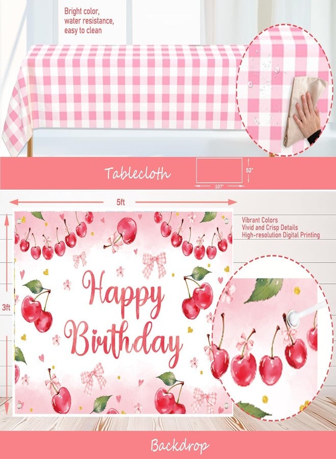 Hombae Cherry Birthday Decorations - Baby Girl 115 PCs Cherry Themed Birthday Party Supplies with Backdrop, Balloon Garland Arch Kit, Cake Topper, Pink Tablecloth - Image 5