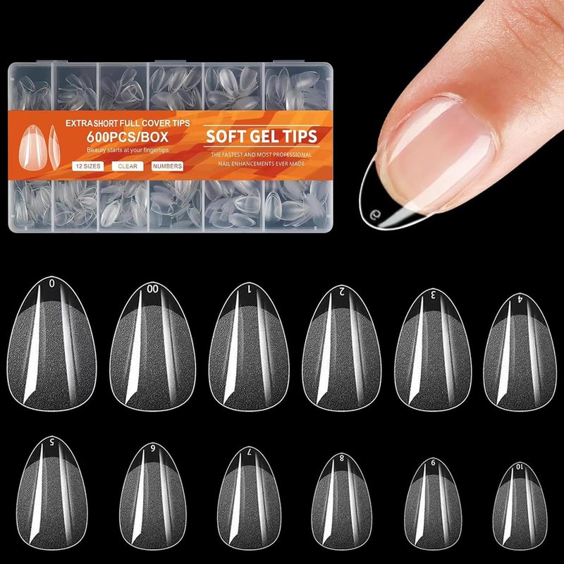 BlueZOO Extra Short Almond Nail Tips 600Pcs Soft Gel Full Cover Nail Tips, Half Matte Acrylic Fake Nails for Extension Nail Manicure Salon Home DIY, Clear Almond Pre Shaped Press On Nails, 12 Sizes