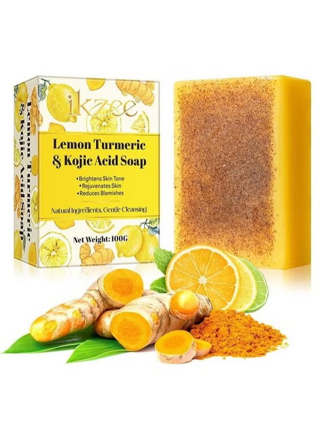IKZEE Lemon Turmeric and Kojic Acid Soap,Turmeric Soap Bar,Gentle Skin Brightening Soap,Dark Spot Corrector Remover,Deep Cleansing Solid Soap Bars,Natural Face Soap for Fine Lines Acne Scars 100g - Image 1