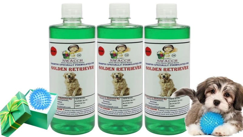 swacch Shampoo | Puppy Safe Shampoo | PH Balanced | Ditch to Itch for Golden Retriever Dog Shampoo 500ml Pack of 3 (Neem Alovera) + Spike Ball Chew Toy Combo Pack - Image 1