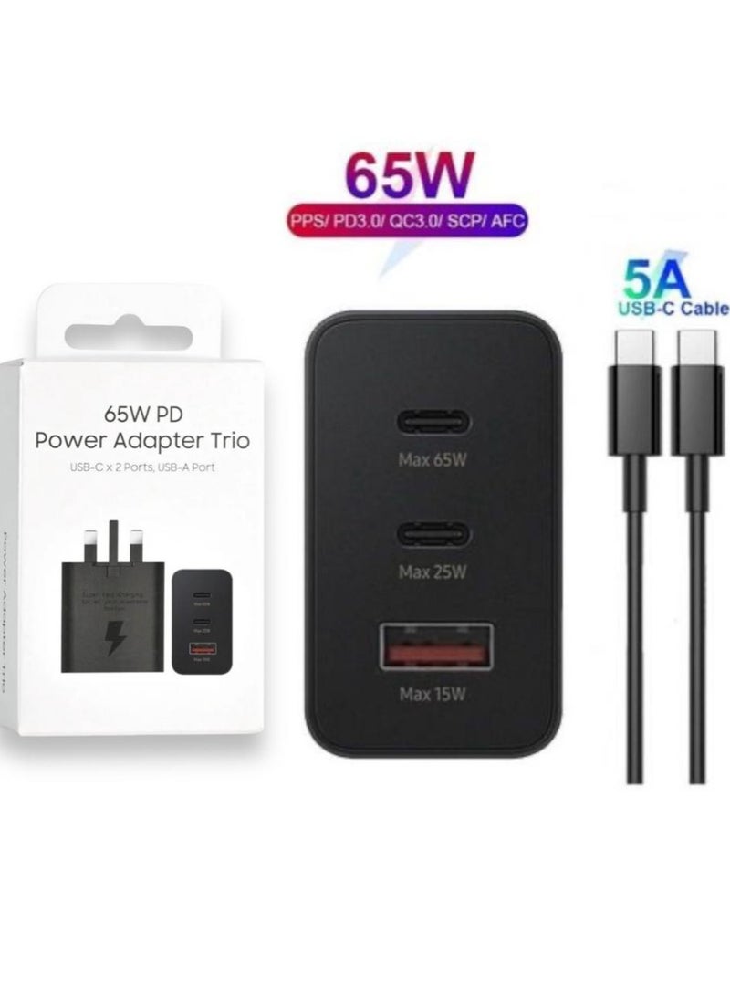 65 W PD Power adapter Trio USB-C with 2 ports and USB-A with 1 port Charger - Image 1