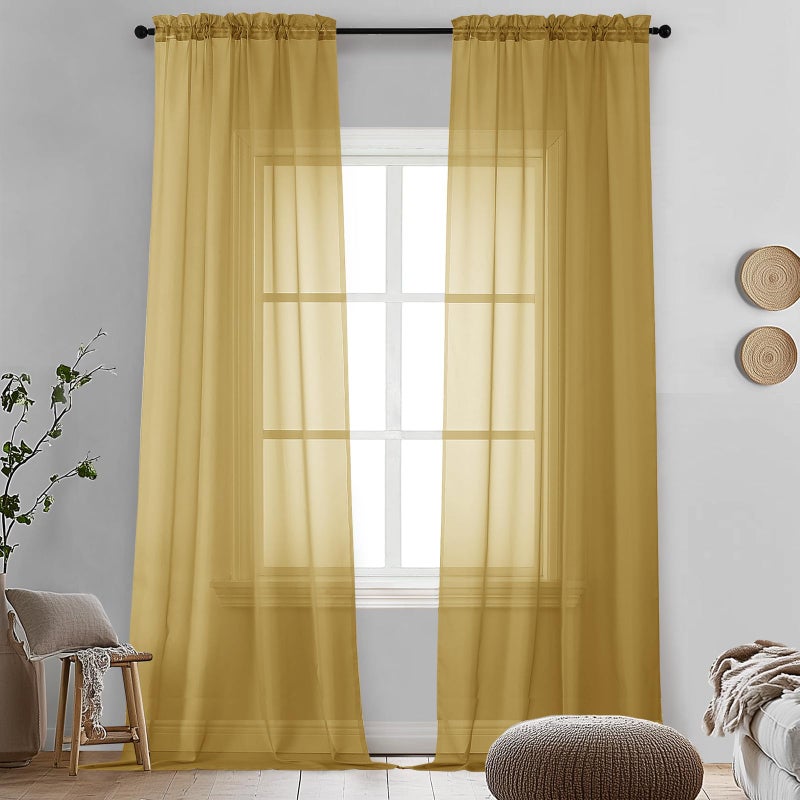 OVZME Gold Sheer Curtains 72 Inches Long 2 Panels - Soft Light Filtering Window Sheer Panels for Living Room/Bedroom  Top Dual Rod Pocket  1 Pair  Each 42Wx72L Inches - Image 3