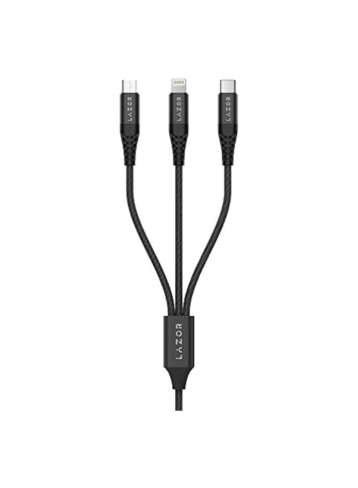 Lazor Titan 3 In 1 Fast Charging Cable With Durable Nylon Braided Wire C58 Black- 1M - Image 1