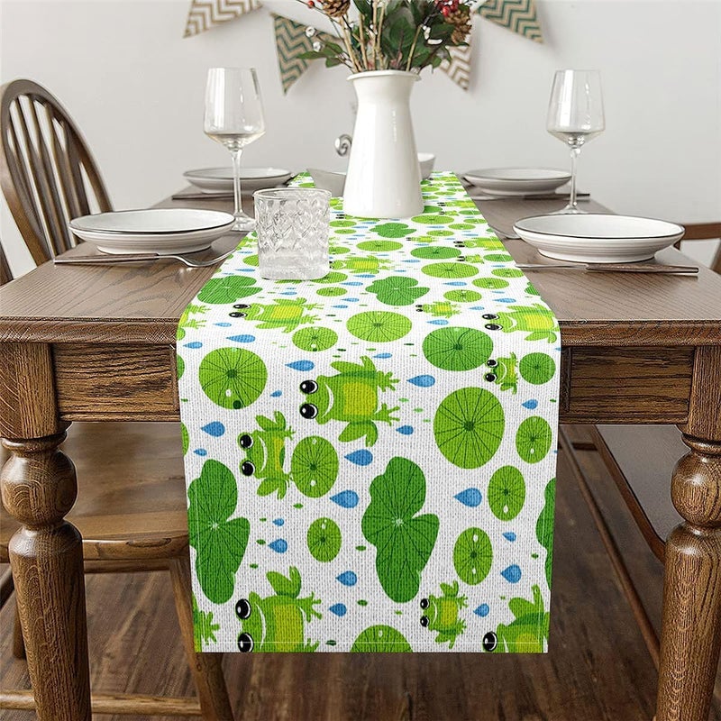 jejeloiu Cartoon Frog Table Runner Lotus Leaf Dresser Scarfs Water Drop Pattern Dresser Runners Pond Theme Table Decoration for Home Party Decor 13x120 Inch - Image 3