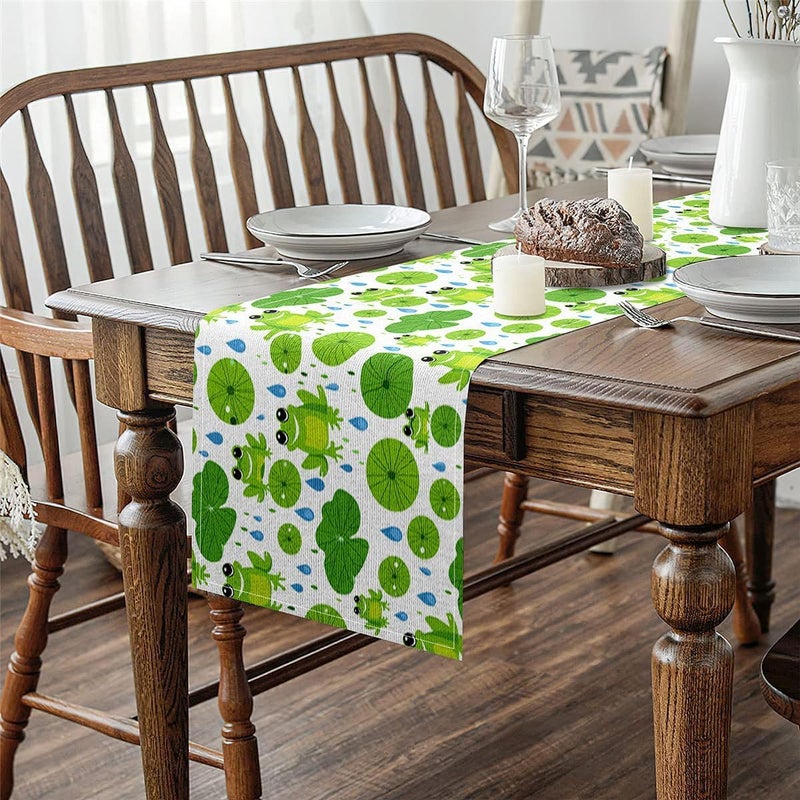 jejeloiu Cartoon Frog Table Runner Lotus Leaf Dresser Scarfs Water Drop Pattern Dresser Runners Pond Theme Table Decoration for Home Party Decor 13x120 Inch - Image 4