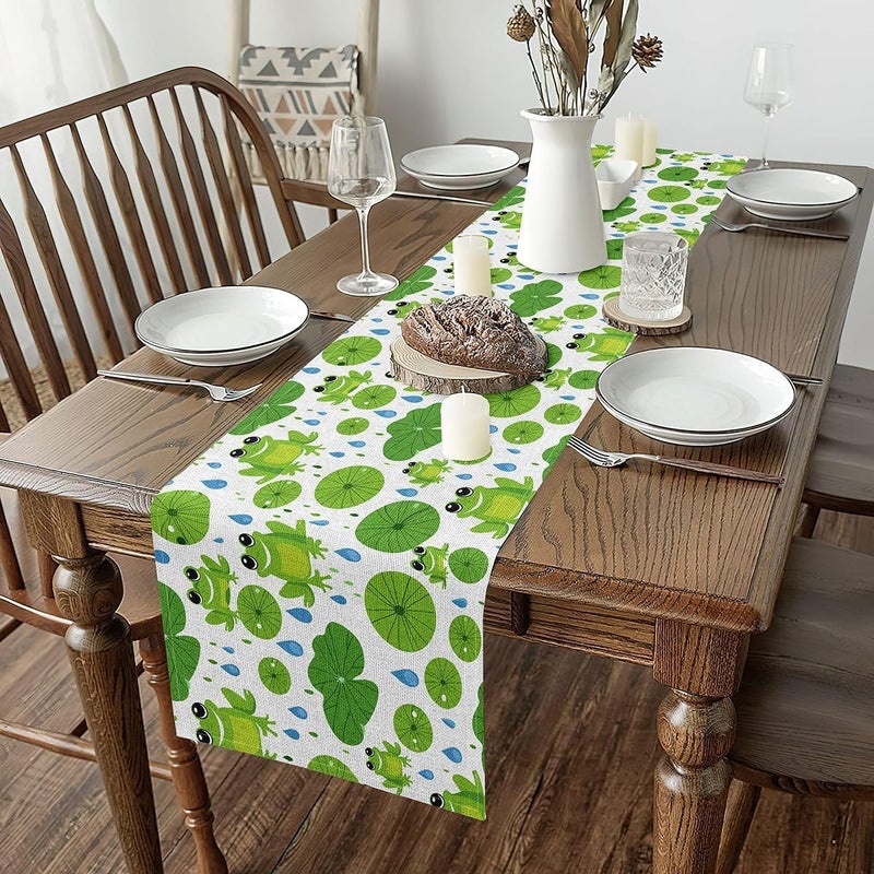 jejeloiu Cartoon Frog Table Runner Lotus Leaf Dresser Scarfs Water Drop Pattern Dresser Runners Pond Theme Table Decoration for Home Party Decor 13x120 Inch - Image 2