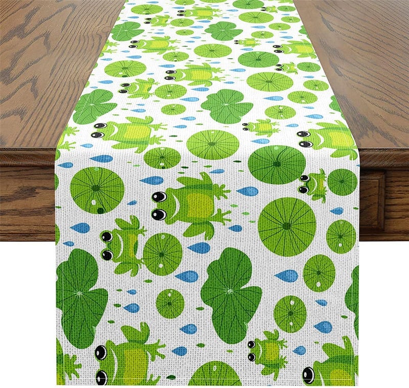 jejeloiu Cartoon Frog Table Runner Lotus Leaf Dresser Scarfs Water Drop Pattern Dresser Runners Pond Theme Table Decoration for Home Party Decor 13x120 Inch - Image 1