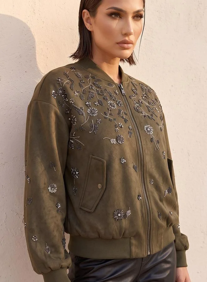 Iconic GREEN Iconic Bomber Jacket with Embellishment for Women | Best Price UAE