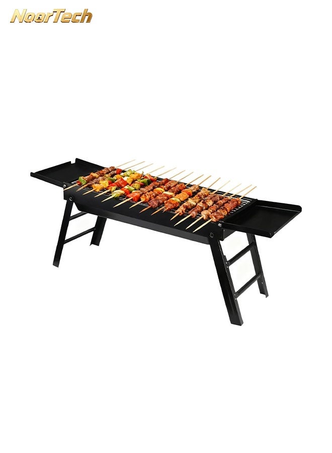 NoorTech Portable Charcoal Grill, Foldable BBQ Grill with 2 Side Tables, Outdoor Barbecue Stove for Camping, Picnic, Hiking, Backyard & Party, Compact Tabletop Charcoal Grill, Easy Carry, Black 89x22x32cm - Image 1