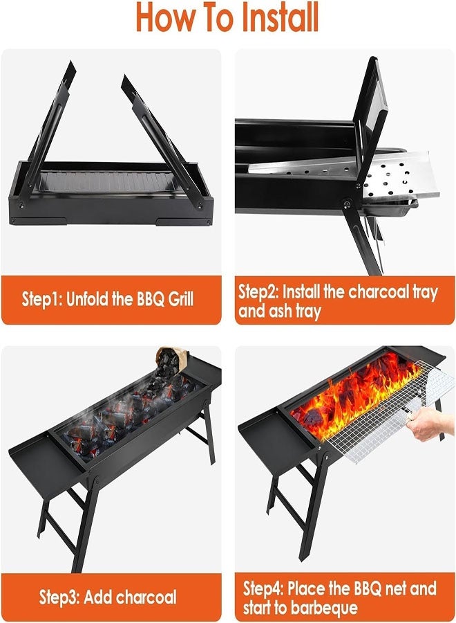 NoorTech Portable Charcoal Grill, Foldable BBQ Grill with 2 Side Tables, Outdoor Barbecue Stove for Camping, Picnic, Hiking, Backyard & Party, Compact Tabletop Charcoal Grill, Easy Carry, Black 89x22x32cm - Image 2