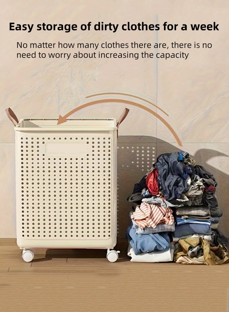 EzzySo سلة غسيل قابلة للطي بعجلات سعة كبيرة سلة غسيل متسخة محمولة تخزين منزلي سلة تخزين متفرقات سلة تخزين حمام خفيفة الوزن سلة غسيل قابلة للطي موفرة للمساحة لحمل الغسيل في المنزل والسفر - Image 3